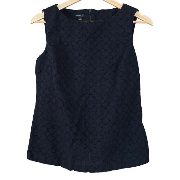 Talbots Blouse Lace Perforated Sleeveless 100% Cotton Black Size Small - Picture 1 of 7